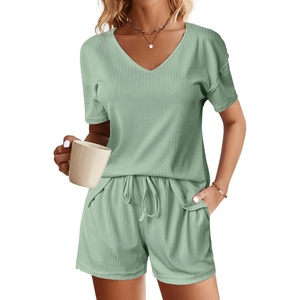 image:imageEkouaer Womens Ribbed Knit Lounge Set Short Sleeve Top and Shorts Sleepwear Pajama Set Two Piece Shorts Outfits SetGreen