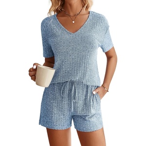 image:imageEkouaer Womens Ribbed Knit Lounge Set Short Sleeve Top and Shorts Sleepwear Pajama Set Two Piece Shorts Outfits SetLake Blue