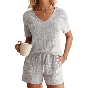 image:imageEkouaer Womens Ribbed Knit Lounge Set Short Sleeve Top and Shorts Sleepwear Pajama Set Two Piece Shorts Outfits SetLight Gray