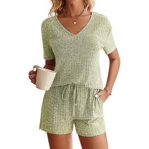 image:imageEkouaer Womens Ribbed Knit Lounge Set Short Sleeve Top and Shorts Sleepwear Pajama Set Two Piece Shorts Outfits SetMoss Green