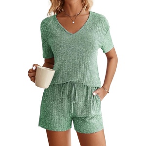 image:imageEkouaer Womens Ribbed Knit Lounge Set Short Sleeve Top and Shorts Sleepwear Pajama Set Two Piece Shorts Outfits SetParis Green