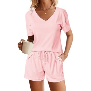 image:imageEkouaer Womens Ribbed Knit Lounge Set Short Sleeve Top and Shorts Sleepwear Pajama Set Two Piece Shorts Outfits SetPink