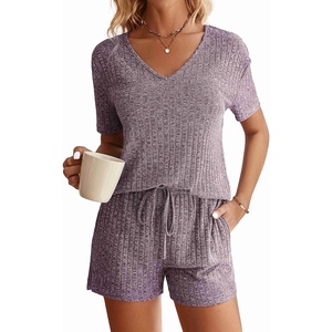 image:imageEkouaer Womens Ribbed Knit Lounge Set Short Sleeve Top and Shorts Sleepwear Pajama Set Two Piece Shorts Outfits SetPurple
