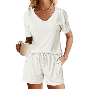 image:imageEkouaer Womens Ribbed Knit Lounge Set Short Sleeve Top and Shorts Sleepwear Pajama Set Two Piece Shorts Outfits SetWhite