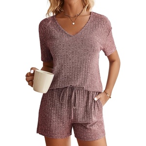 image:imageEkouaer Womens Ribbed Knit Lounge Set Short Sleeve Top and Shorts Sleepwear Pajama Set Two Piece Shorts Outfits SetWine Red