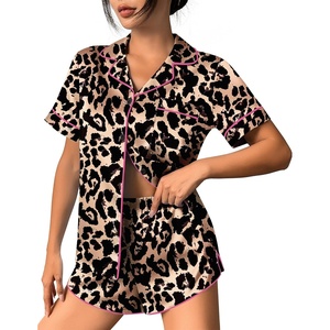 image:imageEkouaer Womens Silk Satin Pajama Set Print Short Sleeve Sleepwear Button Down Pjs Shorts Set LoungewearAbrown Leopard 2