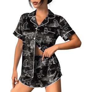 image:imageEkouaer Womens Silk Satin Pajama Set Print Short Sleeve Sleepwear Button Down Pjs Shorts Set LoungewearBlack Leopard