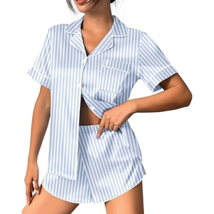 image:imageEkouaer Womens Silk Satin Pajama Set Print Short Sleeve Sleepwear Button Down Pjs Shorts Set LoungewearBlue Striped