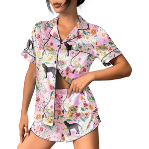 image:imageEkouaer Womens Silk Satin Pajama Set Print Short Sleeve Sleepwear Button Down Pjs Shorts Set LoungewearFlower and Leopard