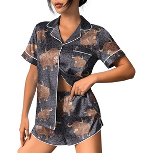 image:imageEkouaer Womens Silk Satin Pajama Set Print Short Sleeve Sleepwear Button Down Pjs Shorts Set LoungewearGrey Cow