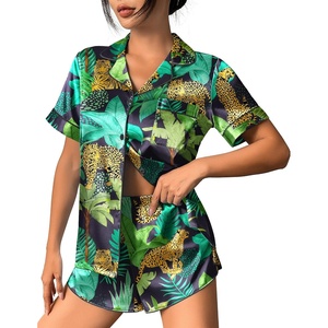image:imageEkouaer Womens Silk Satin Pajama Set Print Short Sleeve Sleepwear Button Down Pjs Shorts Set LoungewearJungle Leopard