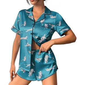 image:imageEkouaer Womens Silk Satin Pajama Set Print Short Sleeve Sleepwear Button Down Pjs Shorts Set LoungewearLeopard