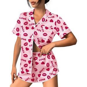 image:imageEkouaer Womens Silk Satin Pajama Set Print Short Sleeve Sleepwear Button Down Pjs Shorts Set LoungewearLip Heart