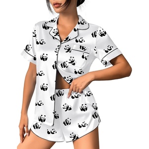 image:imageEkouaer Womens Silk Satin Pajama Set Print Short Sleeve Sleepwear Button Down Pjs Shorts Set LoungewearPanda