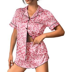 image:imageEkouaer Womens Silk Satin Pajama Set Print Short Sleeve Sleepwear Button Down Pjs Shorts Set LoungewearPeach Red Leopard