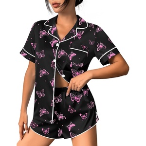 image:imageEkouaer Womens Silk Satin Pajama Set Print Short Sleeve Sleepwear Button Down Pjs Shorts Set LoungewearPink Butterfly