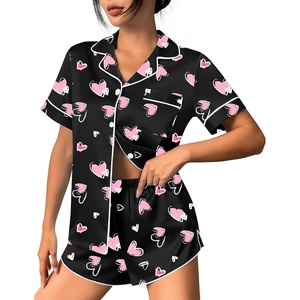 image:imageEkouaer Womens Silk Satin Pajama Set Print Short Sleeve Sleepwear Button Down Pjs Shorts Set LoungewearPink Love Heart