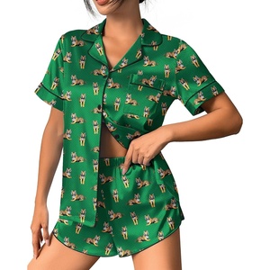 image:imageEkouaer Womens Silk Satin Pajama Set Print Short Sleeve Sleepwear Button Down Pjs Shorts Set LoungewearTiger