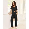 image:imageEkouaer Pajamas for Women Set Button Up Sleepswear 2 Piece Short Sleeve PJ Top and Long Pants Loungwear With Pocket SXXLBlack
