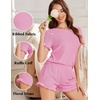 image:imageEkouaer Ribbed Knit Lounge Sets Summer Short Sleeve Pajama Set Soft Pj Sets Ruffle Pjs Loungewear with Pockets SXXLPink1
