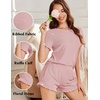 image:imageEkouaer Ribbed Knit Lounge Sets Summer Short Sleeve Pajama Set Soft Pj Sets Ruffle Pjs Loungewear with Pockets SXXLRose Red1