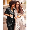 image:imageEkouaer Satin Pajamas Set Women Short Sleeve Sleepwear Soft Button Down Loungewear Pjs SetBlackChampagne