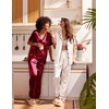 image:imageEkouaer Satin Pajamas Set Women Short Sleeve Sleepwear Soft Button Down Loungewear Pjs SetBurgundyBeige