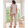 image:imageEkouaer Satin Pajamas Set Women Short Sleeve Sleepwear Soft Button Down Loungewear Pjs SetBurgundyBeige