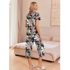image:imageEkouaer Womens Pajama Sets Short Sleeve Sleepwear Button Up Pj Loungewear Top and Capri Pants with PocketsBlack and Pink Floral