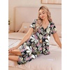 image:imageEkouaer Womens Pajama Sets Short Sleeve Sleepwear Button Up Pj Loungewear Top and Capri Pants with PocketsBlack and Pink Floral