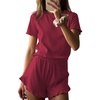 image:imageEkouaer Ribbed Knit Lounge Sets Summer Short Sleeve Pajama Set Soft Pj Sets Ruffle Pjs Loungewear with Pockets SXXLWine Red1