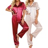 image:imageEkouaer Satin Pajamas Set Women Short Sleeve Sleepwear Soft Button Down Loungewear Pjs SetBurgundyBeige