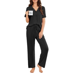 image:imageEkouaer Pajamas for Women Set Button Up Sleepswear 2 Piece Short Sleeve PJ Top and Long Pants Loungwear With Pocket SXXLBlack