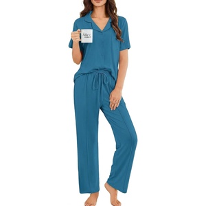 image:imageEkouaer Pajamas for Women Set Button Up Sleepswear 2 Piece Short Sleeve PJ Top and Long Pants Loungwear With Pocket SXXLBlue Green