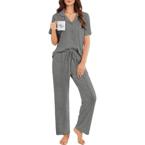 image:imageEkouaer Pajamas for Women Set Button Up Sleepswear 2 Piece Short Sleeve PJ Top and Long Pants Loungwear With Pocket SXXLDark Gray
