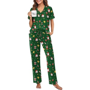 image:imageEkouaer Pajamas for Women Set Button Up Sleepswear 2 Piece Short Sleeve PJ Top and Long Pants Loungwear With Pocket SXXLGreen Santa Claus