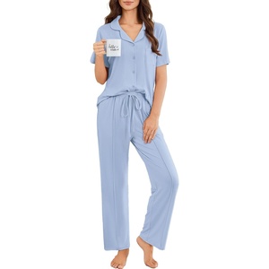 image:imageEkouaer Pajamas for Women Set Button Up Sleepswear 2 Piece Short Sleeve PJ Top and Long Pants Loungwear With Pocket SXXLLight Blue