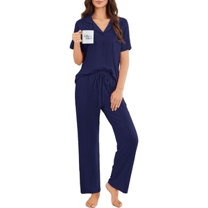 image:imageEkouaer Pajamas for Women Set Button Up Sleepswear 2 Piece Short Sleeve PJ Top and Long Pants Loungwear With Pocket SXXLNavy