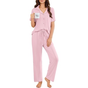 image:imageEkouaer Pajamas for Women Set Button Up Sleepswear 2 Piece Short Sleeve PJ Top and Long Pants Loungwear With Pocket SXXLPink