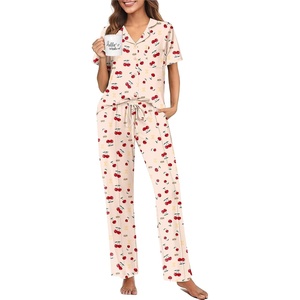 image:imageEkouaer Pajamas for Women Set Button Up Sleepswear 2 Piece Short Sleeve PJ Top and Long Pants Loungwear With Pocket SXXLTeddy Cherry