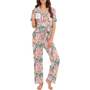 image:imageEkouaer Pajamas for Women Set Button Up Sleepswear 2 Piece Short Sleeve PJ Top and Long Pants Loungwear With Pocket SXXLTropical Print