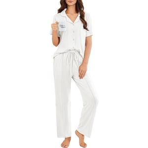 image:imageEkouaer Pajamas for Women Set Button Up Sleepswear 2 Piece Short Sleeve PJ Top and Long Pants Loungwear With Pocket SXXLWhite