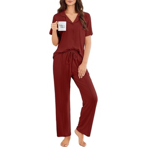 image:imageEkouaer Pajamas for Women Set Button Up Sleepswear 2 Piece Short Sleeve PJ Top and Long Pants Loungwear With Pocket SXXLWine Red