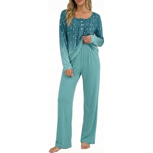 image:imageEkouaer Pajamas for Women Set Long Sleeve Sleepwear Top amp Pants Pjs Comfy 2 Piece Lounge Set with Pockets SXXLBluegreen Leaves