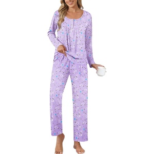 image:imageEkouaer Pajamas for Women Set Long Sleeve Sleepwear Top amp Pants Pjs Comfy 2 Piece Lounge Set with Pockets SXXLPurple Floral