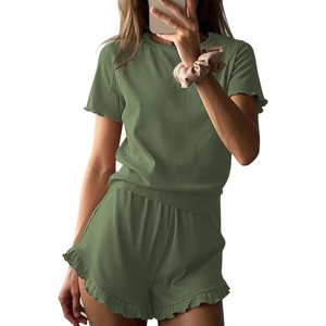 image:imageEkouaer Ribbed Knit Lounge Sets Summer Short Sleeve Pajama Set Soft Pj Sets Ruffle Pjs Loungewear with Pockets SXXLArmy Green1