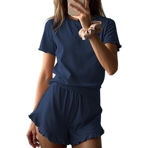image:imageEkouaer Ribbed Knit Lounge Sets Summer Short Sleeve Pajama Set Soft Pj Sets Ruffle Pjs Loungewear with Pockets SXXLNavy Blue1