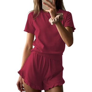 image:imageEkouaer Ribbed Knit Lounge Sets Summer Short Sleeve Pajama Set Soft Pj Sets Ruffle Pjs Loungewear with Pockets SXXLWine Red1
