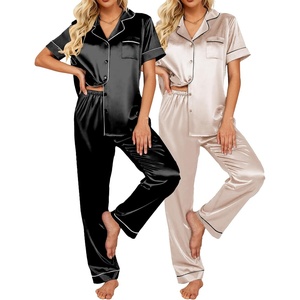 image:imageEkouaer Satin Pajamas Set Women Short Sleeve Sleepwear Soft Button Down Loungewear Pjs SetBlackChampagne