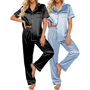 image:imageEkouaer Satin Pajamas Set Women Short Sleeve Sleepwear Soft Button Down Loungewear Pjs SetBlackLight Blue